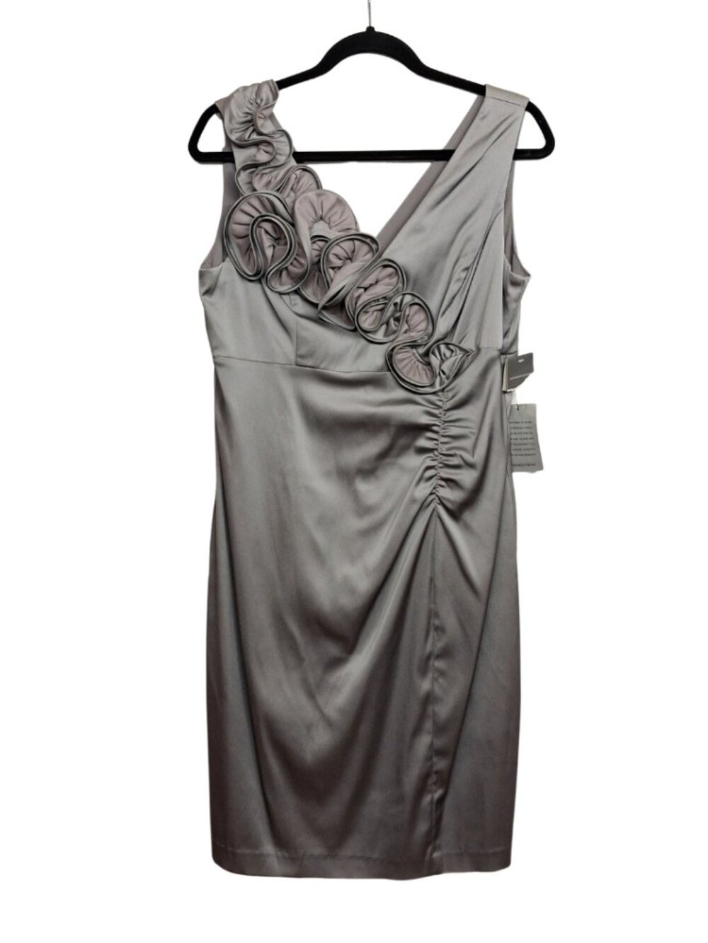 DONNA RICCO Floral Gray Dress Silver Satin Cocktail Rosette Cocktail 12 NWT